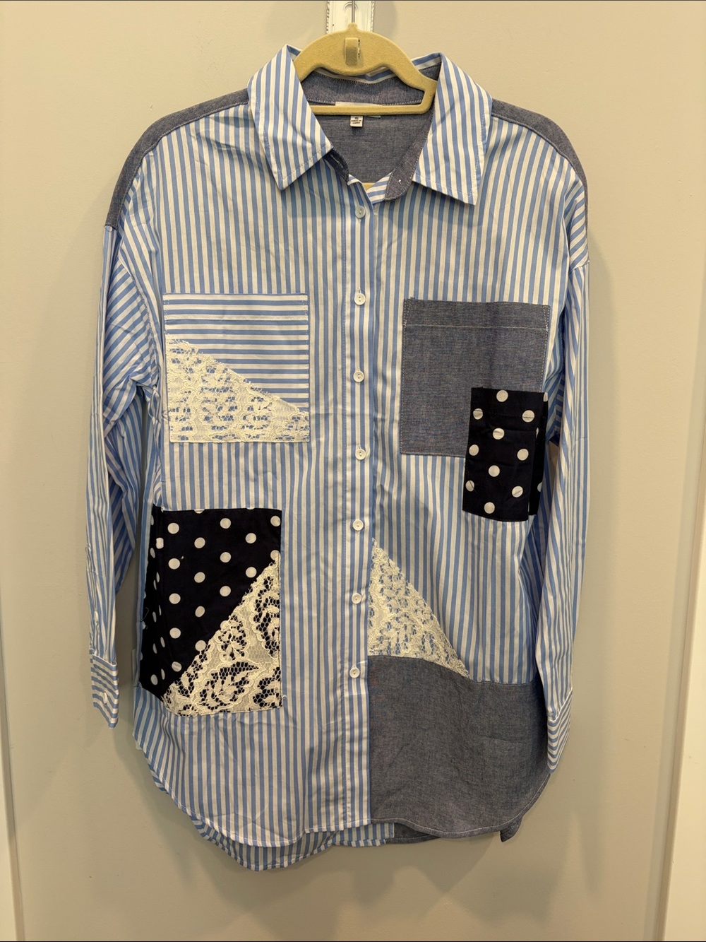 white birch Blue and White Striped Patchwork Button-Down Shirt
